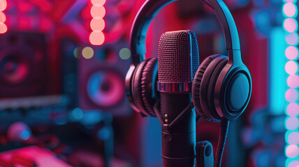A close-up of a microphone and headphones for podcasting or ASMR sounds on black stand in a neon led lighting, cyan and magenta, in a sound recording studio Generative AI