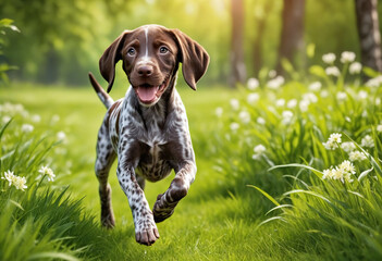 A dog german shorthaired pointer puppy with a happy face runs through the colorful lush spring green grass