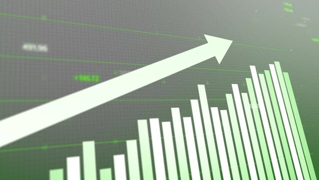 Engaging animation of rising market trends and trade performance, showcasing increasing profits with dynamic green and white line graphs and bar diagrams on a dark background