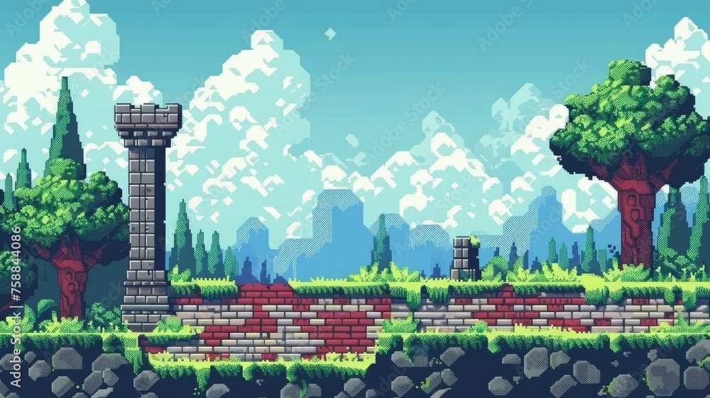 Poster retro pixel game background with castle tower and trees. medieval fantasy and adventure video game c