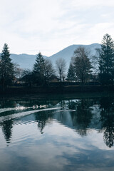 fir trees and mountains reflected in the lake