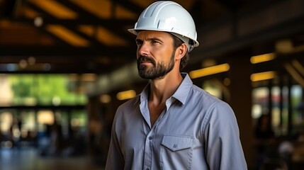 Mature architect in hardhat carefully inspecting new, innovative modern building design