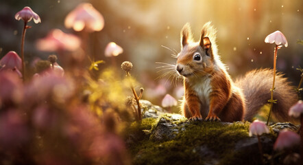 a squirrel is sitting on a mossy rock in a field of flowers and mushrooms with the sun shining on the ground - Powered by Adobe