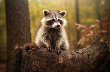 Obraz premium a raccoon sitting on a tree stump in a forest with leaves on the ground and trees in the background