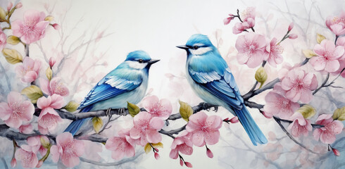 two birds sitting on a branch of a tree with pink flowers and leaves on it, with a white background