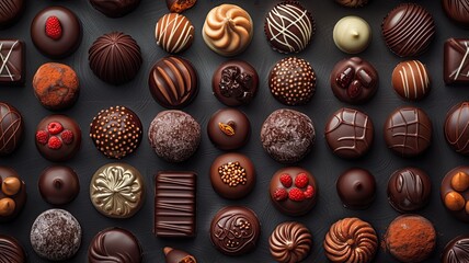 an assortment of chocolate pralines, each boasting unique shapes, textures, and finishes, against a seamless background for a captivating product showcase. SEAMLESS PATTERN