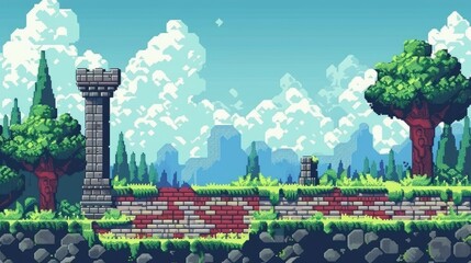 Retro pixel game background with castle tower and trees. Medieval fantasy and adventure video game concept for design and wallpaper