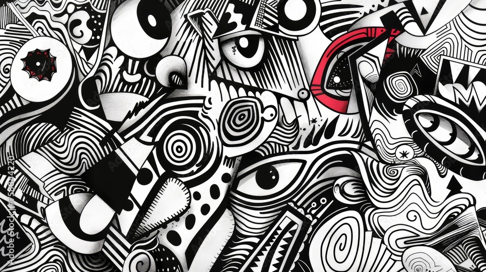 Poster monochrome abstract doodle art with eyes and varied patterns. black and white intricate illustration
