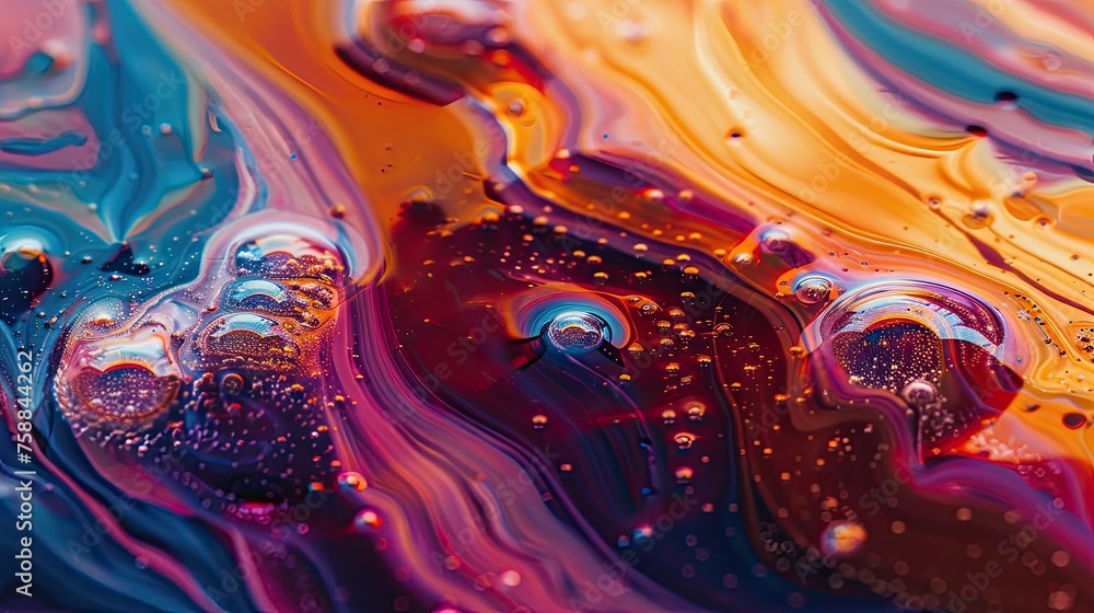 Poster dynamic fluid art with rich colors and sparkling bubbles in blue and orange. macro shot of acrylic p