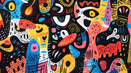 Vibrant abstract mural with a multitude of colorful shapes and expressive line work. Contemporary street art painting