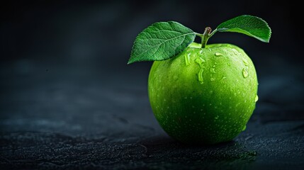 A single lively green apple sits in the bottom corner. A modern and minimalist black background sets the tone for this composition, providing enough space to let your message stand out. - obrazy, fototapety, plakaty