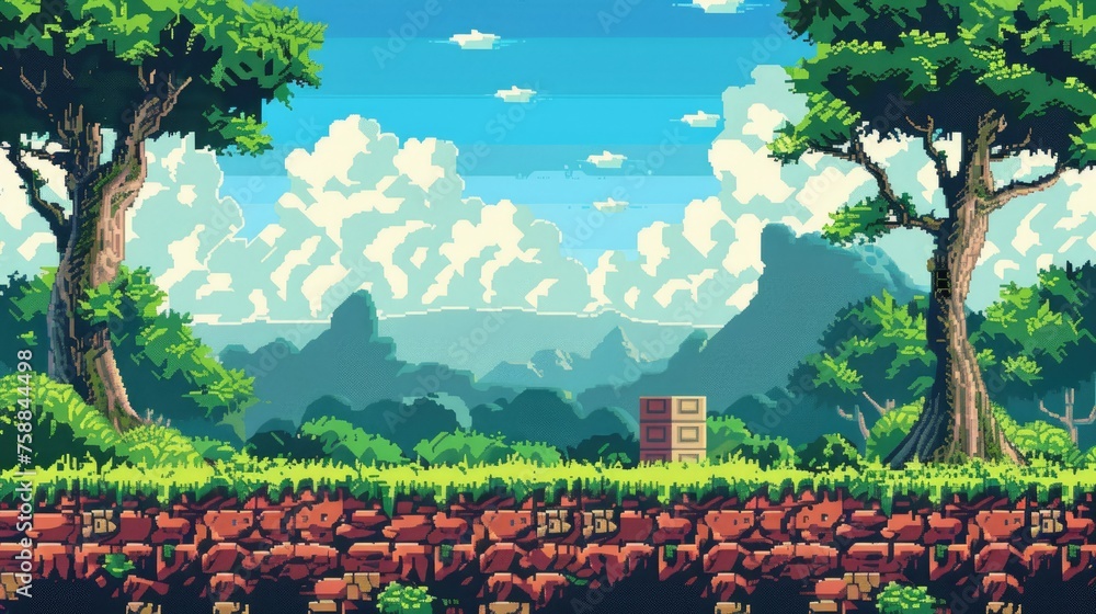 Poster pixel art forest landscape with lush trees and floating blocks. retro gaming and adventure concept f