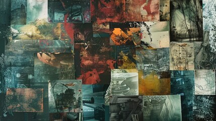 Collage of mixed media artwork with abstract and urban elements. Creative chaos and street art inspiration concept for design and print