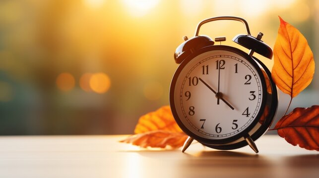 Daylight saving time concept. Alarm clock and fall leaves on wooden table. Autumn shift, winter approaches.