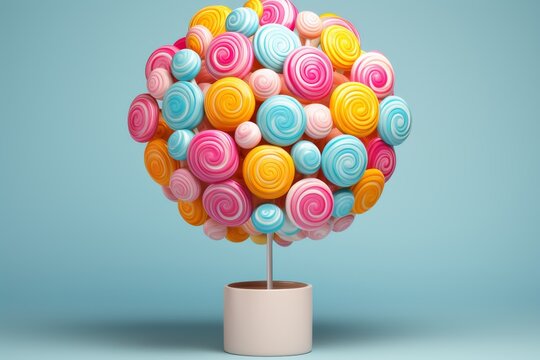 Fantasy volumetric colorful lollipop plant on soft blue background, whimsical and vibrant concept