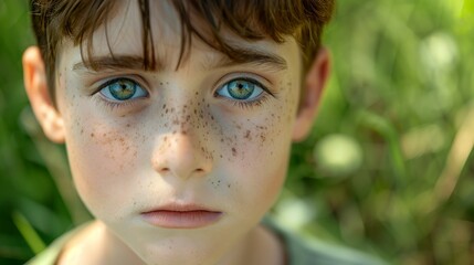 close-up portrait of a pretty sad boy, with freckles, and gorgeous big eyes