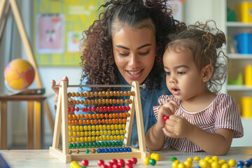 mother and little cute girl, kid playing with abacus, early education