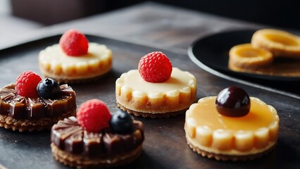 Mini tartlets with berries on a wooden table. Selective focus. - obrazy, fototapety, plakaty