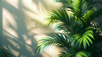 Palm and shadow of leaves on wall, sunlight on white wall background. Space for text, Generative AI