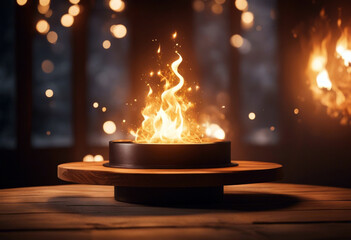 Product template surrounded bright presentation sparks Round art podium flame fire wooden poduim dais fire flames abstract minimalistic spark burning burn pedestal glowing merchandise wooden wood