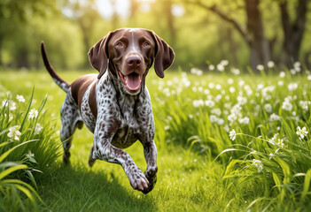 A dog german shorthaired pointer with a happy face runs through the colorful lush spring green grass