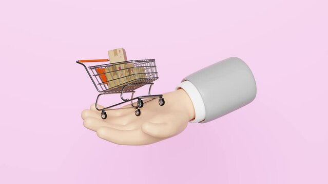 3d cartoon businessman hands holding shopping cart with goods cardboard box isolated on pink background. online shopping summer sale concept, 3d animation, alpha
