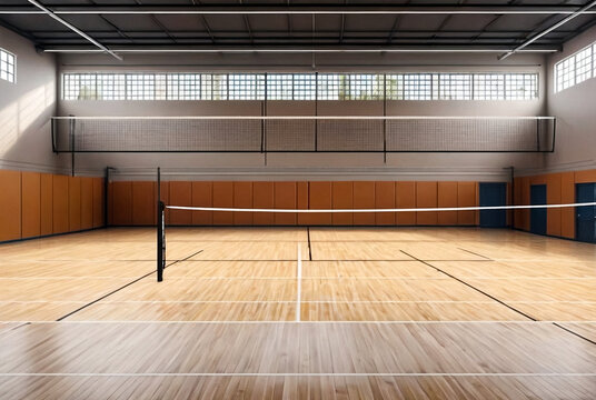 Volleyball court with net in old school gym, top view, copy space. Backdrop sports image of volleyball courts in sport hall. Concept of team game, active match, healthy lifestyle and team success