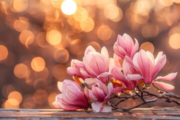 Pink magnolia flowers bask in the warm glow of a setting sun, casting a soft, enchanting ambiance