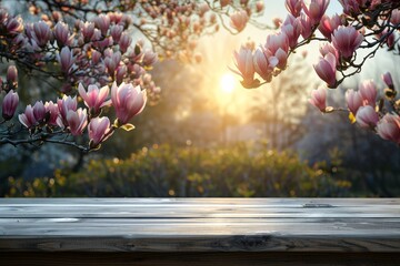 Sunset peeks through blooming magnolia branches over a serene wooden deck in the park - obrazy, fototapety, plakaty