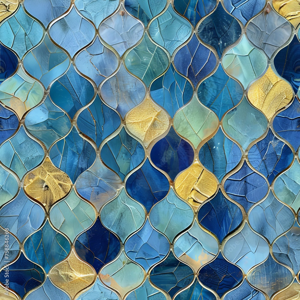 Aufkleber A close-up view of intricate blue and gold mosaic tiles, creating a mesmerizing pattern of colors and shapes
