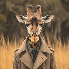 The iconic giraffe detective, solving crimes with a fedora and trench coat in tow. This whimsical image captures the essence of intrigue and adventure. - obrazy, fototapety, plakaty