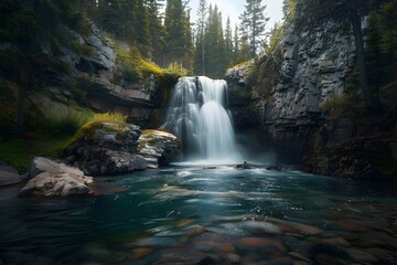 Tranquil Cascade: Majestic Waterfall Among Lush Trees and Rocky Landscape"
"Serene Wilderness: Picturesque Stream Flows Through Verdant Foliage and Blue Sky"
"Scenic Haven: Cascading Waterfall Surroun