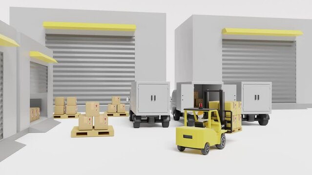 building warehouse with forklift for import export, goods cardboard box, pallet, truck isolated on white background. logistic service concept, 3d animation