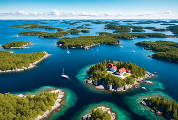 Aerial landscape of archipelago of islands with buildings and houses in Baltic Sea near city of Stockholm with blue sky. Background of amazing natural scenery view of Scandinavian nature. Copy space - obrazy, fototapety, plakaty