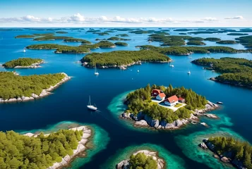 Fotobehang Aerial landscape of archipelago of islands with buildings and houses in Baltic Sea near city of Stockholm with blue sky. Background of amazing natural scenery view of Scandinavian nature. Copy space © Alex Vog