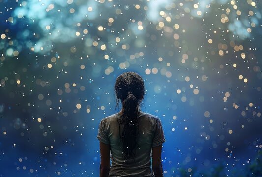 A depressed dishevelled little girl in the rain on a blue bokeh glittery background, back view.