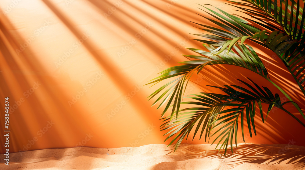 Wall mural sunny tropical sand beach with palm trees and orange wall with empty space for text or product prese