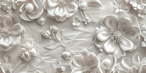 Elegant 3D render of floral bas-relief for luxury design. neutral toned flowers and foliage textured background. stylish decorative panel for interiors. digital art illustration. AI