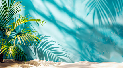 Fototapeta na wymiar Sunny tropical sand beach with palm trees and blue wall with empty space for text or product presentation. Hot summer sales concept.