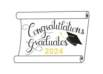 Class of 2024. Congratulations graduates logo template with academic cap. Hand drawn graduation logo gold design. Greeting card, party invitation, poster or stamp Vector illustration