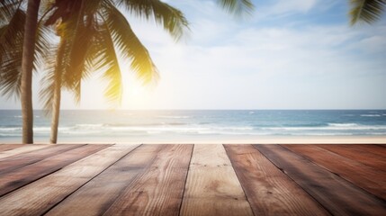 Empty wooden table on a blurred background of the sea coast.