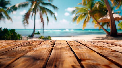 Wood tablet top on blue shiny beach summer with palm trees and empty space for text or product presentation. Hot summer sales concept. - obrazy, fototapety, plakaty