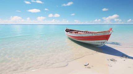 Tranquil paradise beach with palm trees and boat copy space for vacation or travel concepts