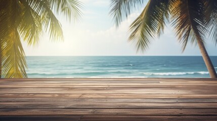 Empty wooden table on a blurred background of the sea coast