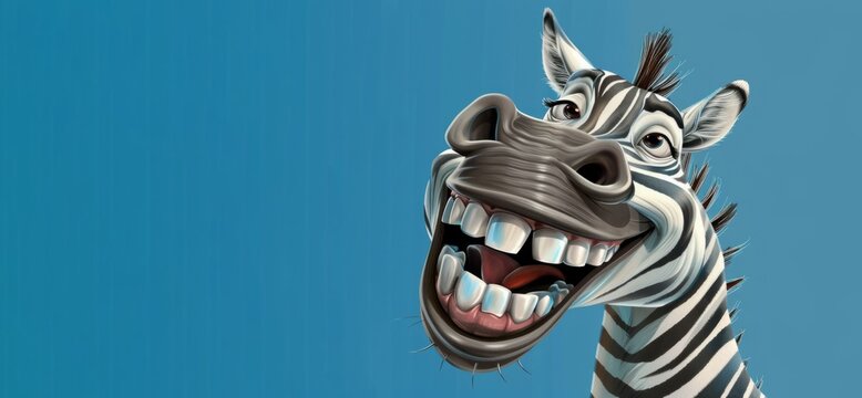 A smiling zebra on a blue background