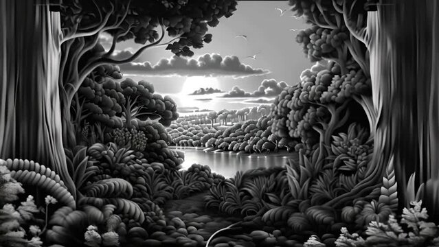 Monochromatic Lake Scene: Simplistic Illustration in Limited Color Palette