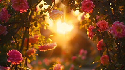 Beautiful blooming roses basking in golden sunset light. vibrant floral backdrop for serene moments. ideal for romance and nature themes. AI