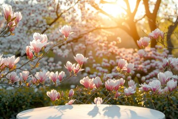 Magnolia trees in full bloom, petals glowing with the warm sunset, casting delicate shadows