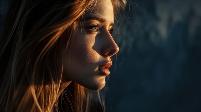 A captivating HD image of a girl model, the play of light and shadow on her features against a solid backdrop creating a spellbinding effect.