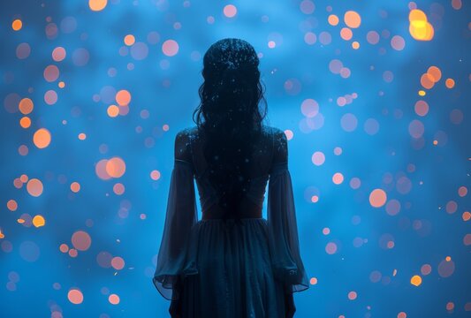 A depressed dishevelled little girl in the rain on a blue bokeh glittery background, back view.